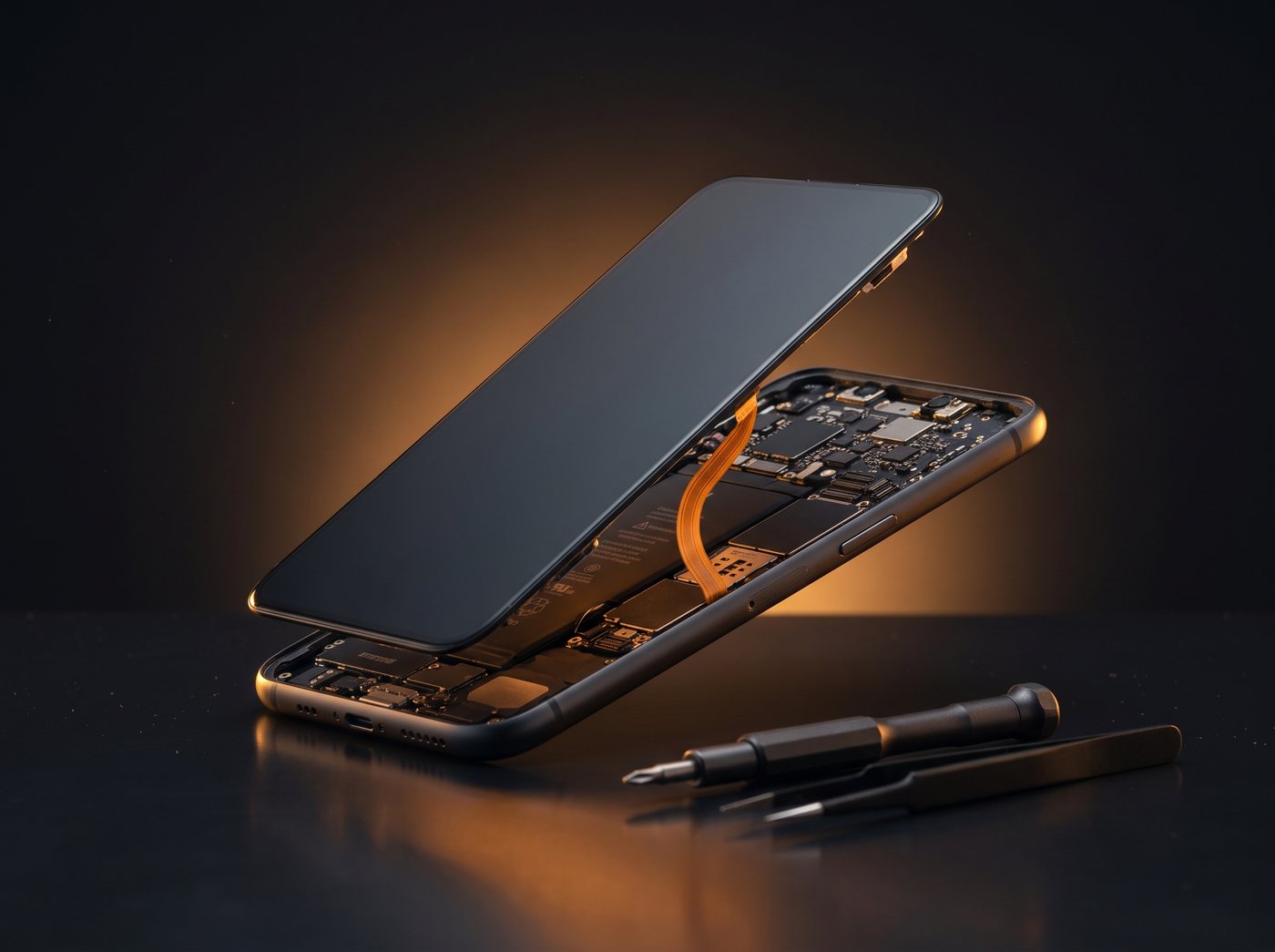 Celular abierto en proceso de reparaci&oacute;n con herramientas de precisi&oacute;n
