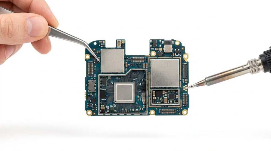 Reparaci&oacute;n de placa l&oacute;gica de celular con pinzas y cautin