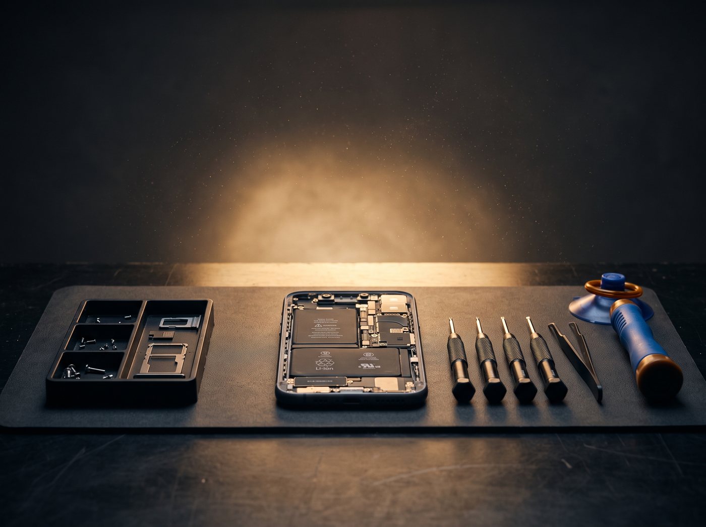 Mesa de trabajo del servicio técnico con celular despiezado y herramientas